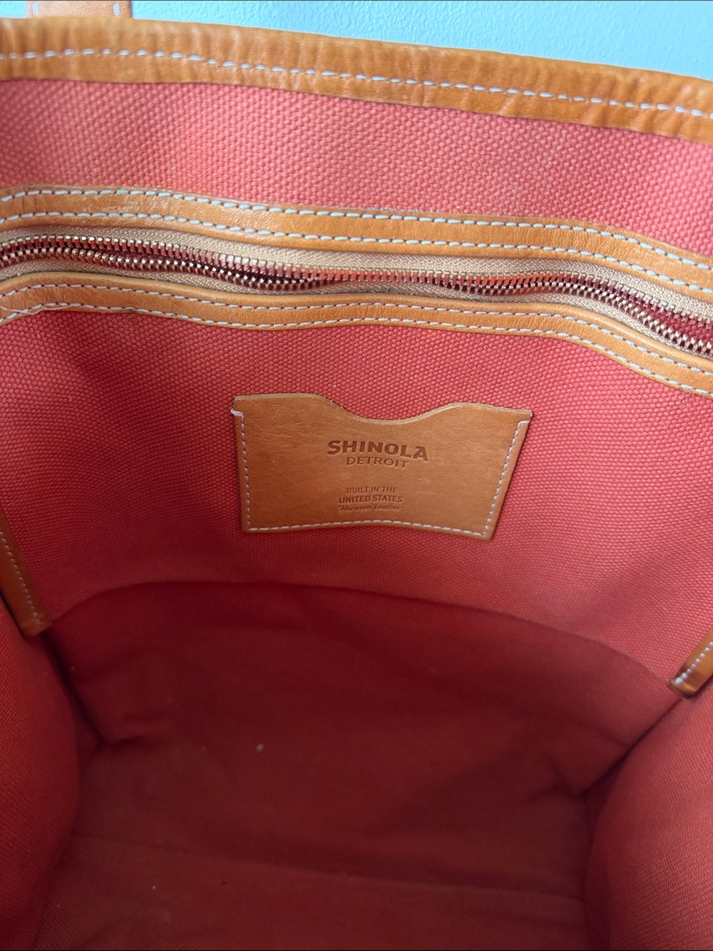 Shinola Coral-Red Canvas Tote with Tan Leather Trim - Picture 4 of 5